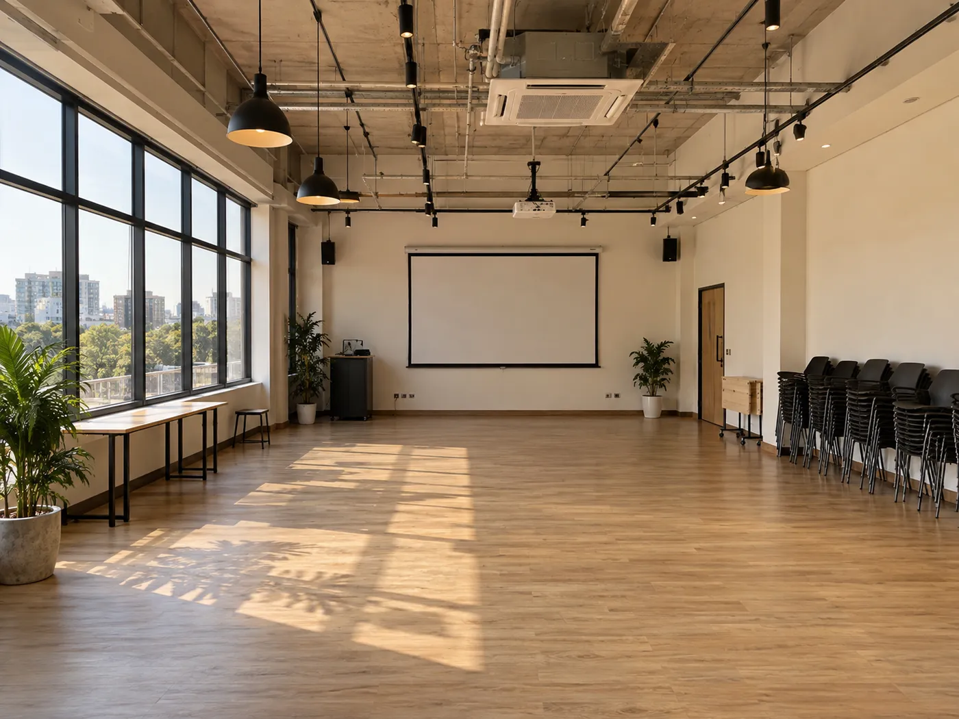 An empty modern event space with a projector, stacked chairs, and floor-to-ceiling windows