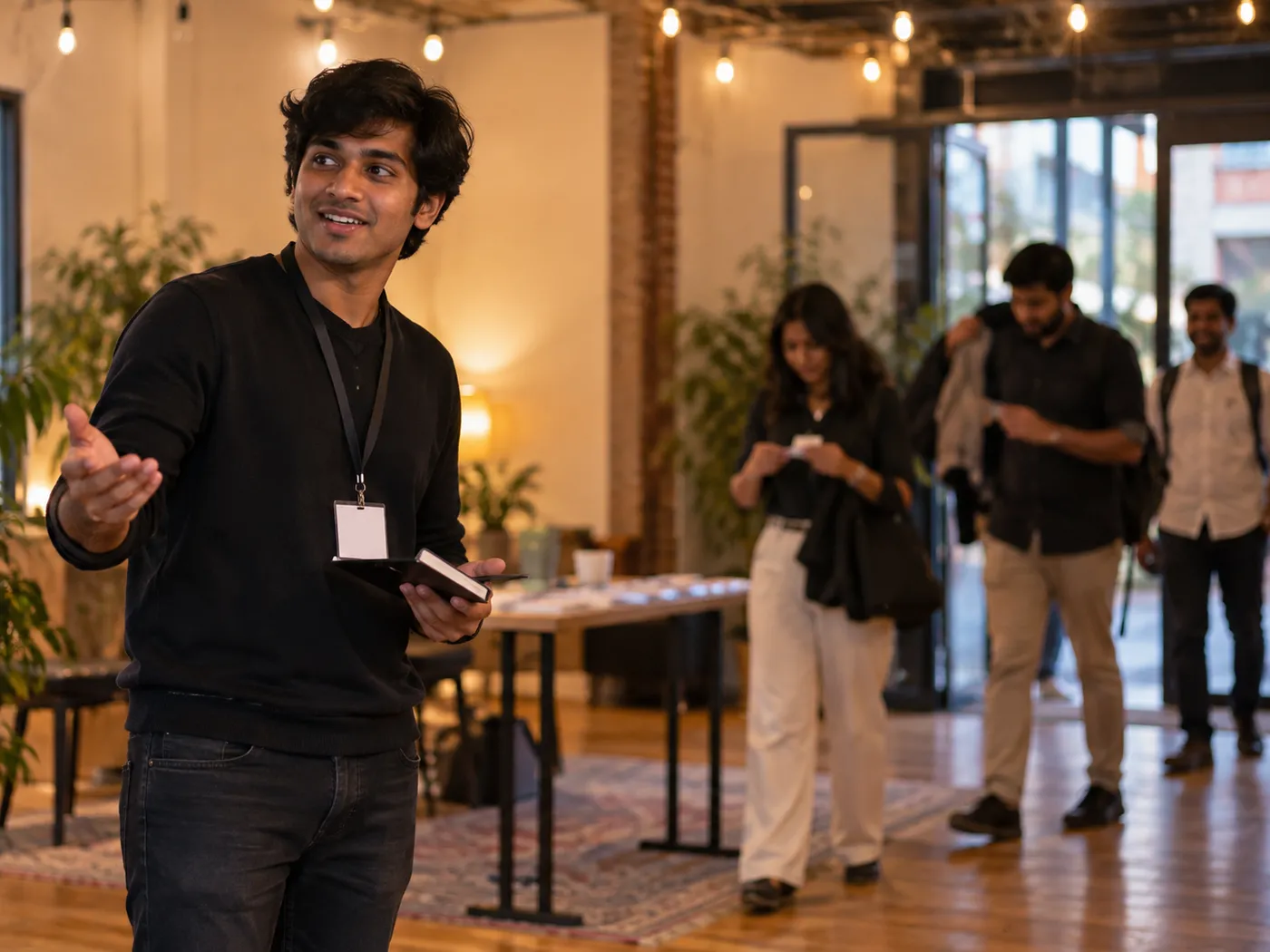 A host welcoming arriving guests at the start of a meetup