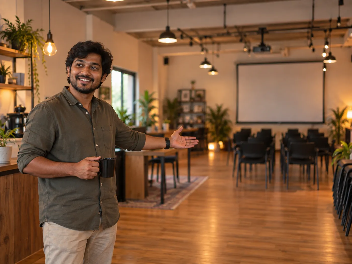 A venue owner welcoming guests into their bookable event space