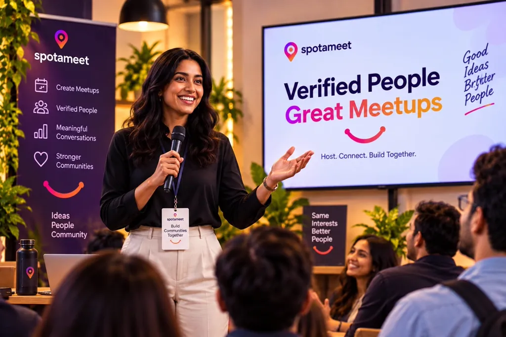 A meetup master speaking at an event with a microphone